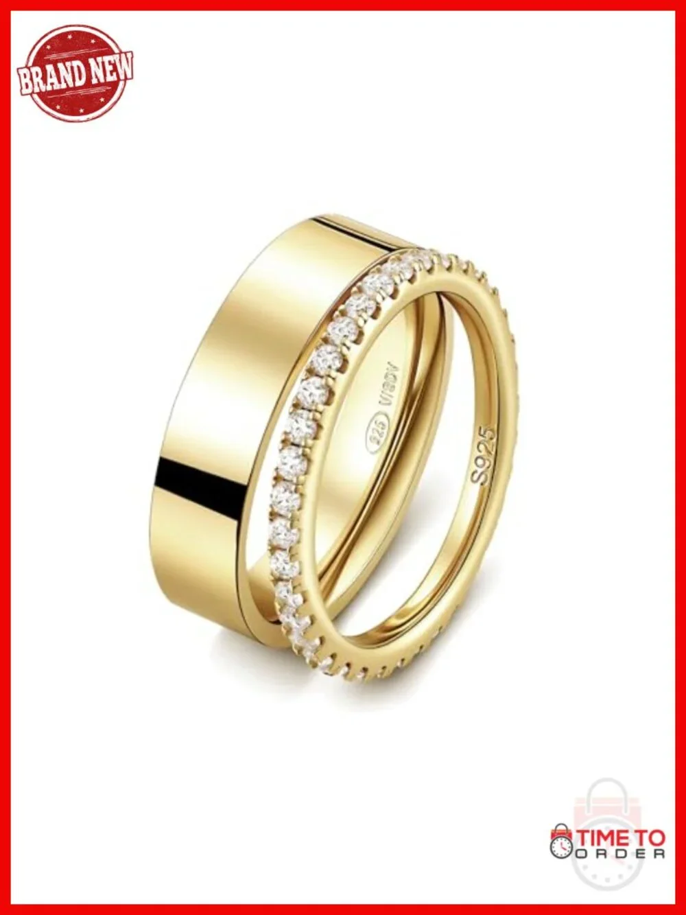 2mm Sterling Silver CZ Eternity Ring & 5mm Gold Plated Band Stackable Wedding